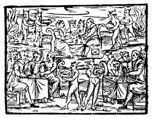Sorcières et sorciers festoyant au Sabbat, illustration du Compendium Maleficarum par Francesco Maria Guazzo, 1608 - Italian School
