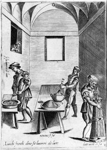 Travail du lait (produit laitier) dans un endroit frais. Gravure de « Opera », livre de gastronomie divisé en 6 parties, par Bartolomeo Scappi, cuisinier personnel du pape Pie V. Venise