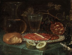 Nature morte avec morceau de pain, carafe en verre, verre à vin, assiette avec jambon et saucisse de jambon, citron et couteau avec manche en nacre - Italo flämischer Maler des 17. Jahrhunderts