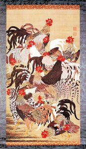 Treize coqs, de Doshoku Sai-e (Royaume coloré des êtres vivants) Période Edo. vers 1757-66 (couleur sur soie) - Ito Jakuchu