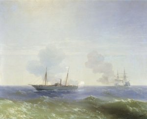 Russe : "Combat du bateau à vapeur Vesta avec le cuirassé turc Fehti-Bulend dans la mer Noire le 11 juillet 1877 " Combat du bateau à vapeur Vesta avec le cuirassé turc Fehti-Bulend dans la mer Noire le 11 juillet 1877