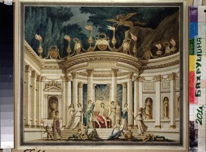Le Triomphe des Muses. Projet du rideau pour le prologue musical de Alexander Alyabyev et Alexis Verstsovsky. Decor antiquisant avec Apollon