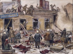 Ouvriers démolissant des maisons en bois pour le combustible