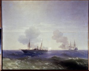 Guerre russo-turque de 1877-1878 : la bataille navale entre le croiseur russe Vesta et le cuirassé turque Fethi Bulend dans la Mer Noire, le 11 juillet 1877
