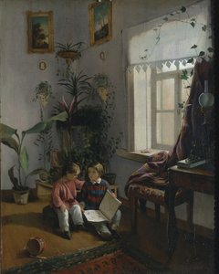 Dans la chambre. Jeunes garçons regardant un livre, 1854
