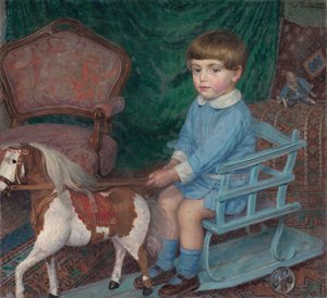 Enfant avec un jouet cheval, vers 1925