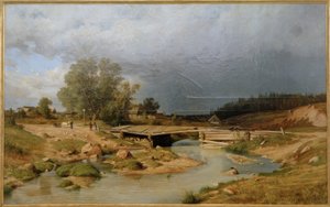 Paysage avec pont en bois