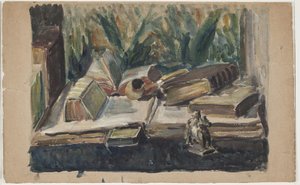 Nature morte avec livres, pipe et figurine