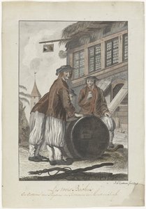 Trois hommes en vêtements suisses devant une maison - J.A. Zoutman