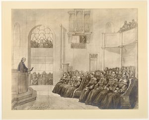 Diaconissen-Kirche, le pasteur Fliedner prêchant aux diaconesses dans la chapelle de Kaiserswerth, 1840