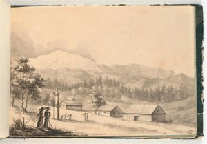 Paysage de montagne avec des gens et des maisons - Johan Christian Dahl