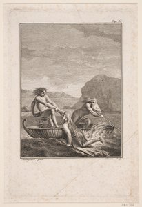 Le naufragé Niels Klim sauvé par deux Qvamiter dans un bateau en osier - J.F. Clemens