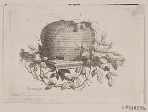 Une plaque portant une ruche, entourée de feuilles de rose - J.F. Clemens