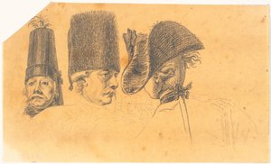 Préparation pour trois des têtes de la gravure : Frédéric le Grand rentre chez lui après une revue à Potsdam