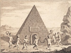 Sept enfants dansant devant une pyramide