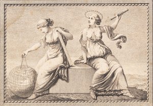 Urania et Gaïa assises sur un bloc de pierre carré