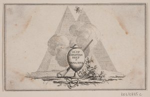 Vignette avec vase et inscription