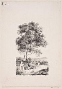 Promeneurs sur un chemin, à gauche de grands arbres - J.F. Møller