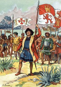 1492 : Christophe Colomb arrivant en Amérique avec le drapeau espagnol