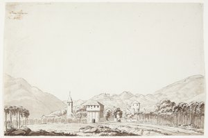 Paysage de Domodossola en Suisse avec église et tour de guet - J.L. Lund