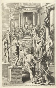 Hercule conduit un homme à travers les personnifications des vertus vers le temple de la gloire éternelle (Page de titre pour: Idea principis christiano-politica, Centum Symbolis expressa, Bruxelles 1649)