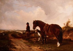 Un berger avec un poney et un chien-loup