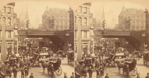Groupe de 4 vues stéréographiques de Ludgate Hill, Londres, Angleterre, 1850s-1910s