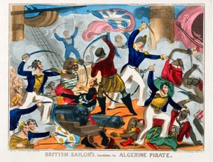 Marins britanniques abordant un navire pirate algérien (gravure en couleur)