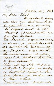 Lettre signée J.M.F. [J.M. Forbes], Boston, à Eliot [William G. Eliot], 7 novembre 1863