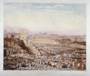 Vue des travaux de construction au quai St Katherine, Stepney, Londres, janvier 1828