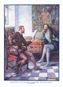 Spenser a lu la première partie de son livre La Reine des Fées à Raleigh, de Littérature anglaise pub. par T C & EC Jack, vers 1920 - J. R. Skelton