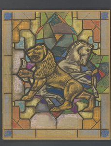 Conception pour un vitrail avec un lion et un cheval