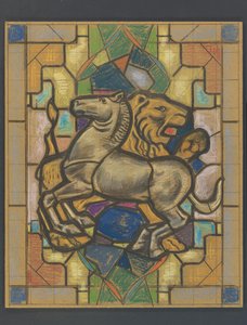 Conception pour un vitrail avec un cheval et un lion