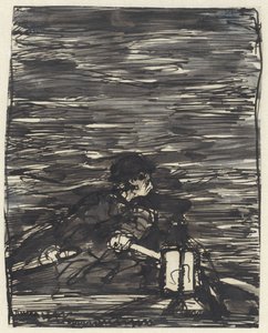 Rameur dans un bateau avec lanterne la nuit - Jac van Looij