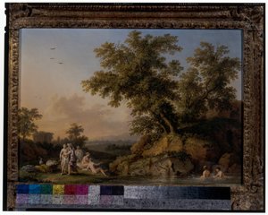 Une paire de paysages avec des nymphes se baignant