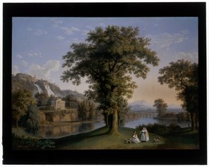 Paysage idéal avec les petites cascades et la villa de Mécène à Tivoli