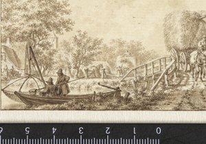 Paysage avec pêcheurs dans un bateau et charrette de foin sur un petit pont