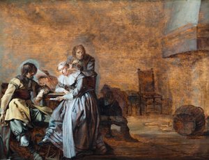 Un intérieur avec des cavaliers et une femme aux cartes (huile sur panneau) - Jacob Duck