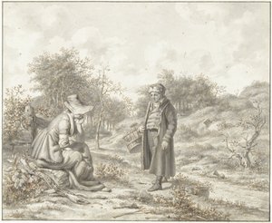 Paysage vallonné avec une femme assise et un homme debout avec un panier - Jacob Ernst Marcus