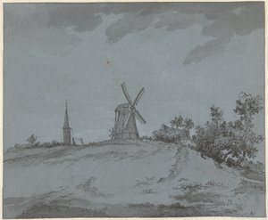 Paysage avec moulin à vent et église sur une colline - Jacob Ernst Marcus