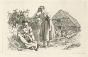 Deux femmes et un homme avec des enfants devant une grange - Jacob Ernst Marcus
