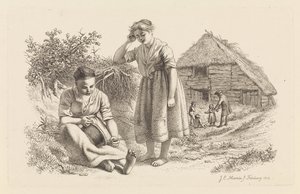 Deux femmes et un homme avec des enfants devant une grange (Études gravées) - Jacob Ernst Marcus