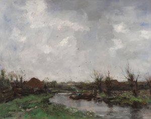 Paysage fluvial avec fermes, fin des années 1870