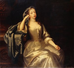 Portrait de Mme Tyrell, trois-quarts de longueur, en robe de satin blanc et châle bleu, son bras droit reposant sur un piédestal, un paysage au-delà