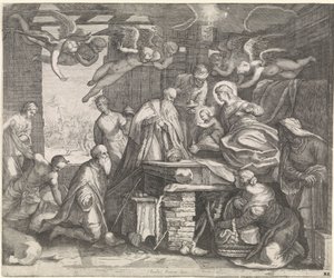 Adoration des mages avec anges - Jacob Matham (workshop of)