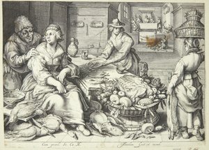 Scène de cuisine avec une femme plumant de la volaille