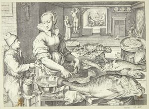 Scène de cuisine avec une cuisinière nettoyant du poisson - Jacob Matham