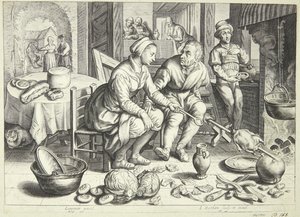 Scène de cuisine avec un homme et une femme faisant rôtir un poulet - Jacob Matham