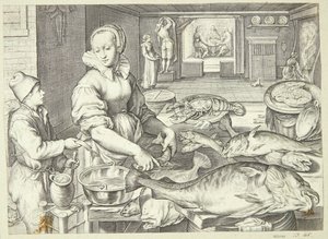 Scène de cuisine avec une cuisinière nettoyant du poisson - Jacob Matham