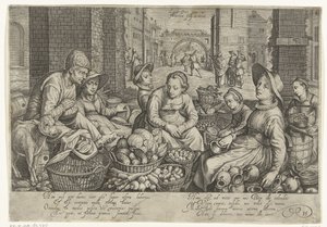 Scène de marché avec en arrière-plan la parabole des ouvriers dans la vigne, vers 1600 - Jacob Matham